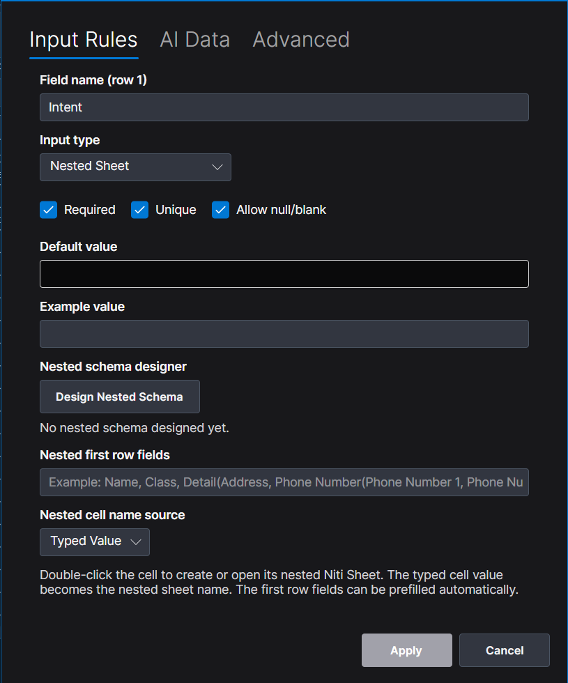 Advanced Nested Sheet input rules
