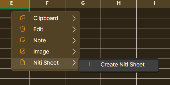 Niti Sheet Create Niti Sheet menu